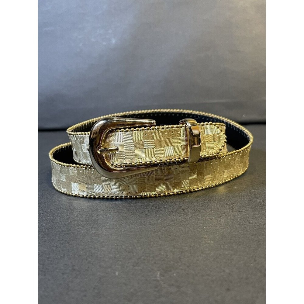 Elite Gold Check 1980s Belt 37 " Style 4011 Gold Buckle and Beaded Trim